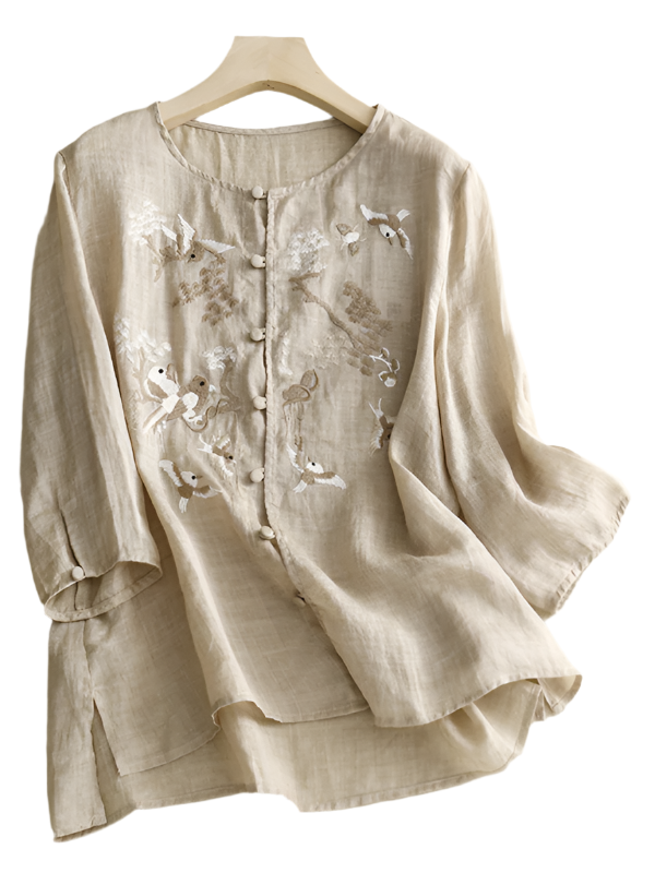Chemise Femme Rétro en Lin avec Broderie Ronde 0