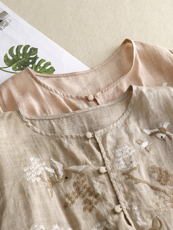 Chemise Femme Rétro en Lin avec Broderie Ronde 1