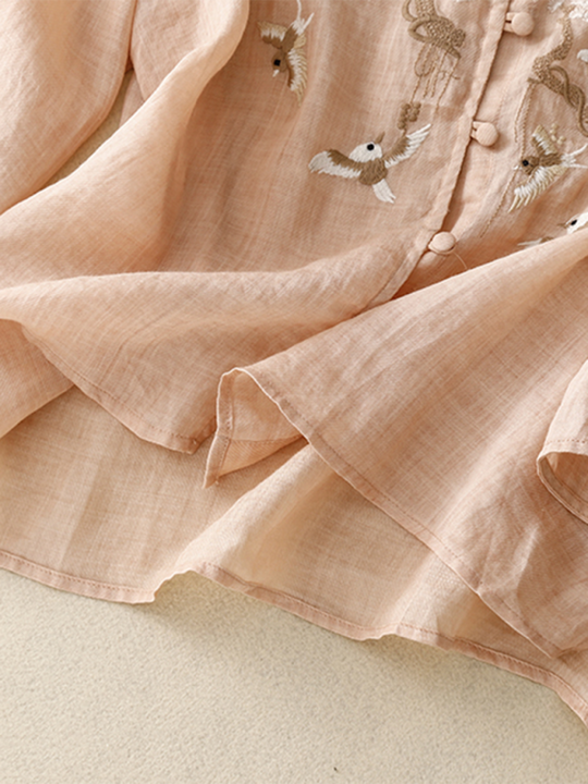 Chemise Femme Rétro en Lin avec Broderie Ronde 3