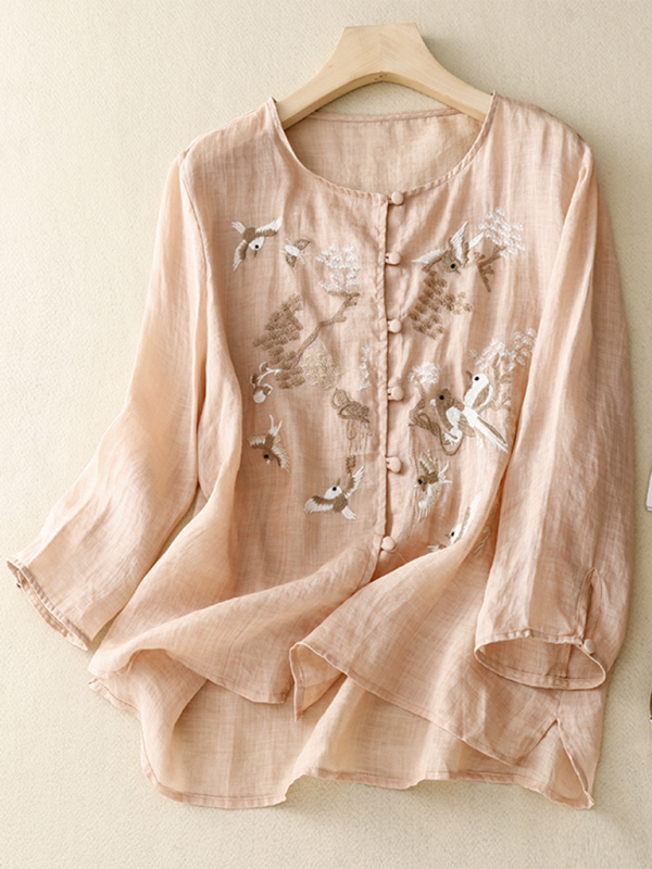 Chemise Femme Rétro en Lin avec Broderie Ronde 6