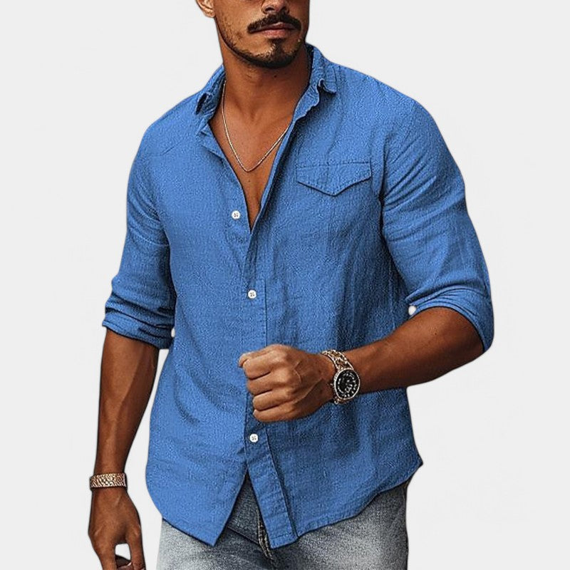Chemise Homme Décontractée en Coton-Lin avec Poche 1