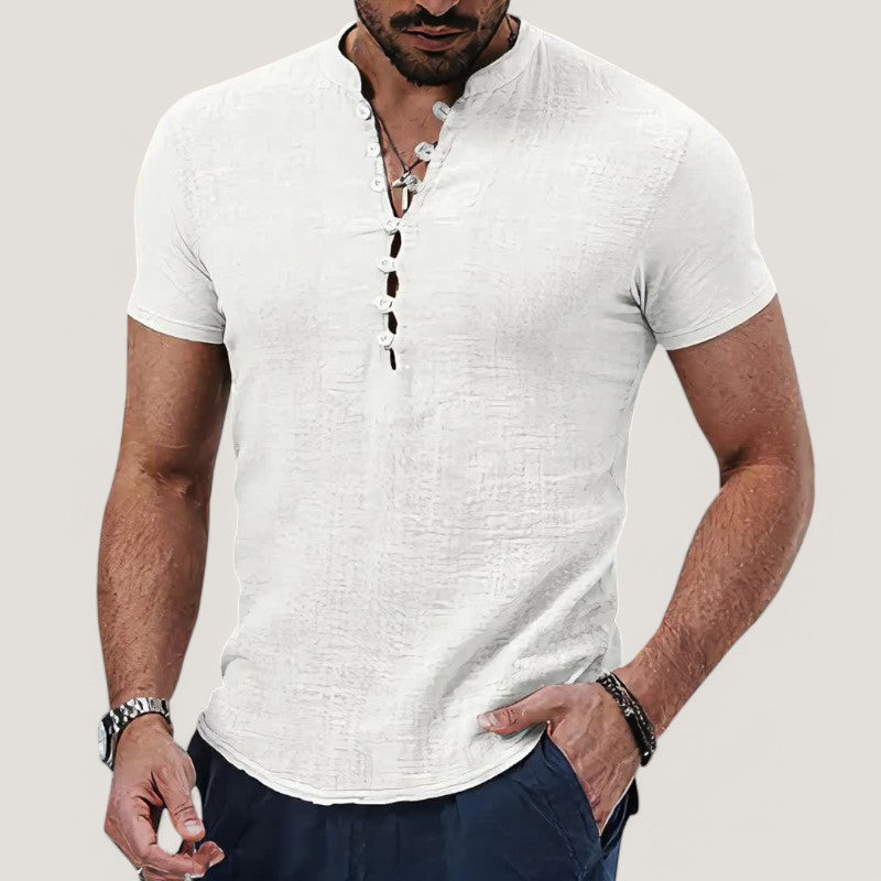 Chemise Homme Vintage Manche Courte en Lin et Coton pour Été 1