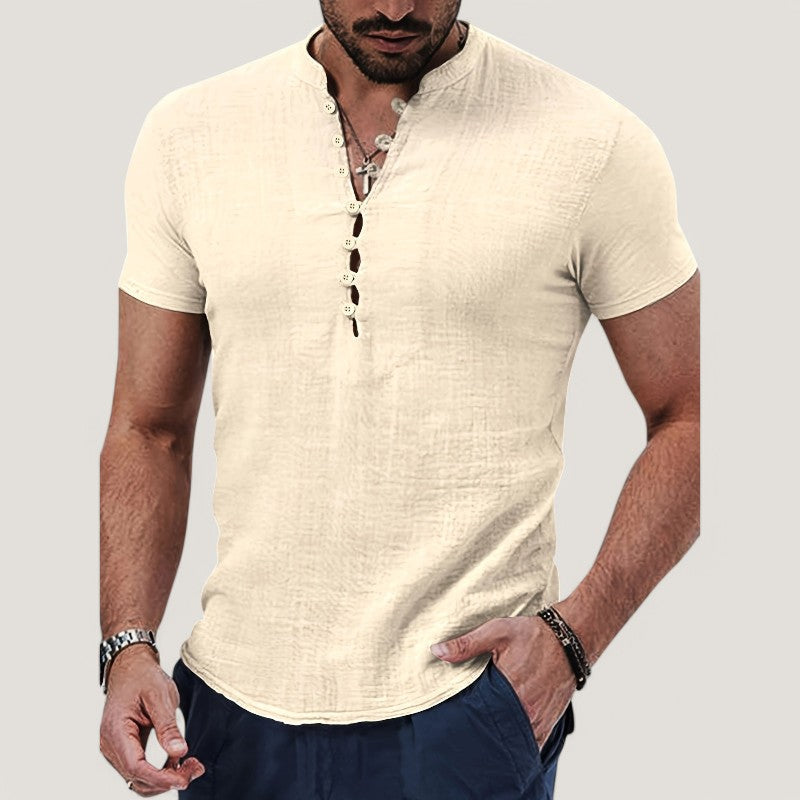 Chemise Homme Vintage Manche Courte en Lin et Coton pour Été 2