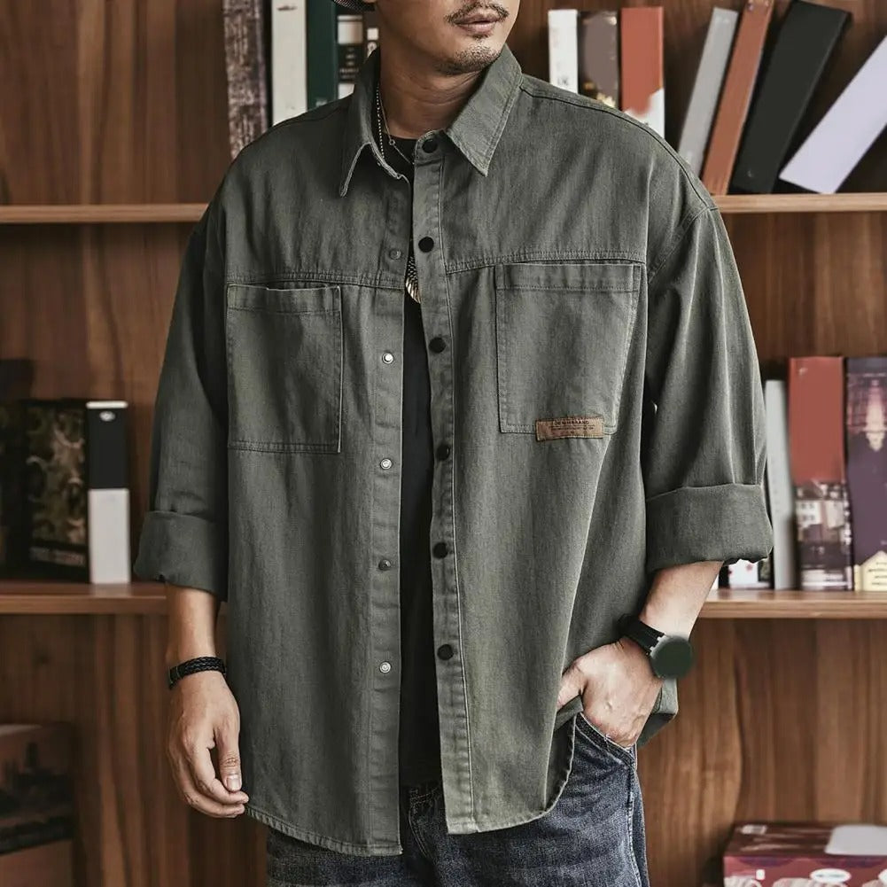 Chemise Homme Vintage à Boutons Manches Longues Mélange de Coton 2