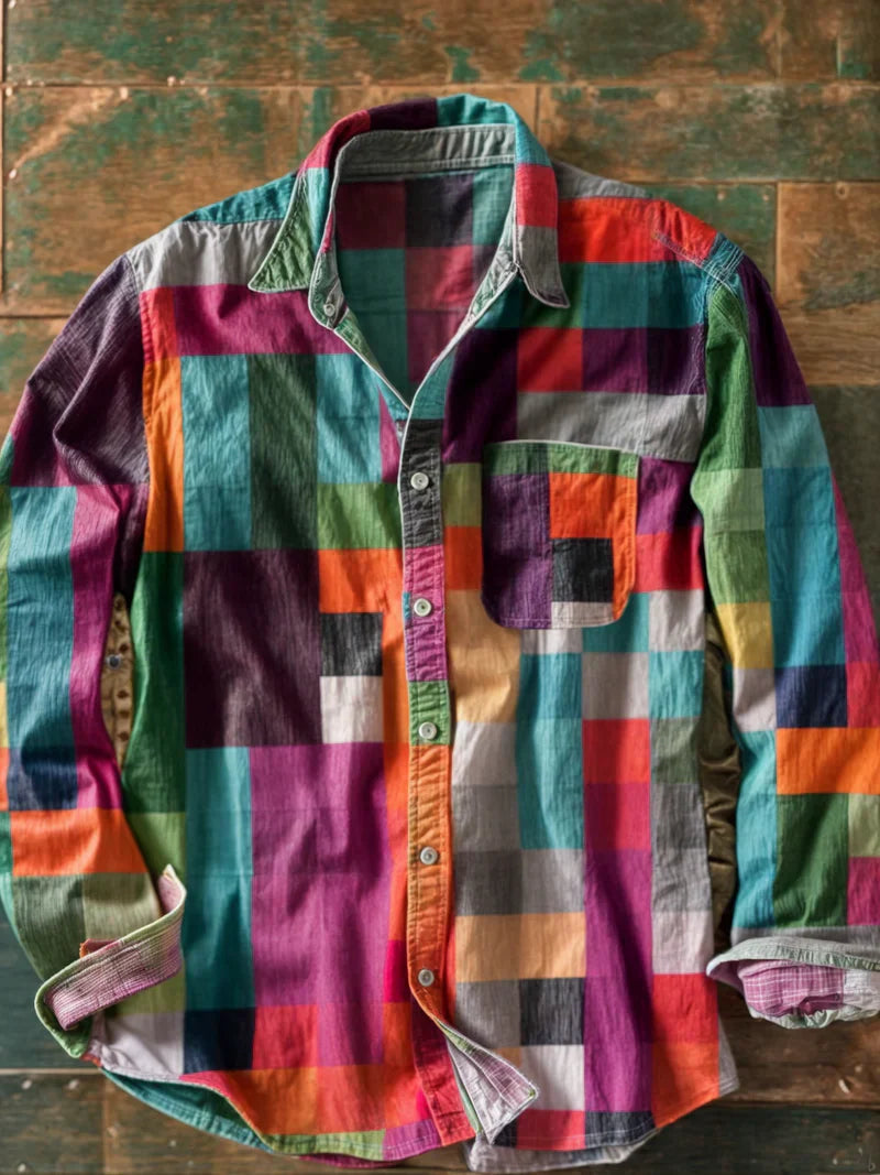 Chemise Homme à Manches Longues Patchwork Décontractée avec Poche 1
