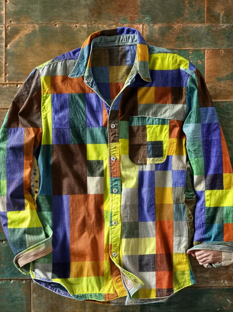 Chemise Homme à Manches Longues Patchwork Décontractée avec Poche 2