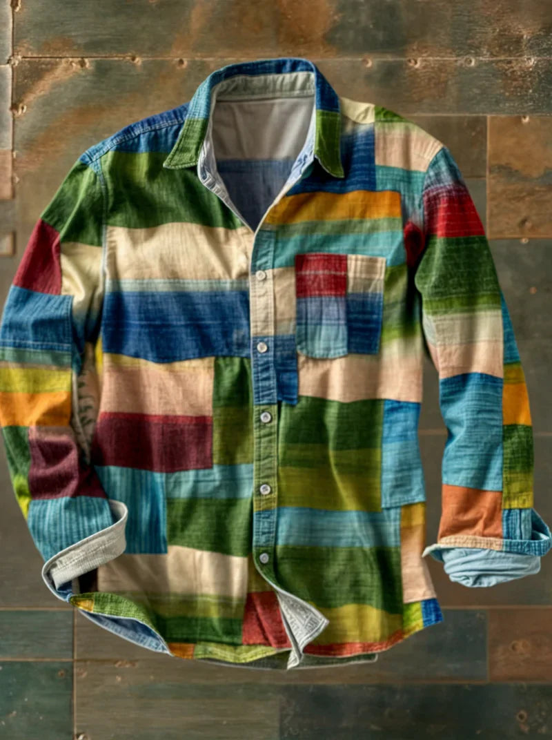 Chemise Homme à Manches Longues Patchwork Décontractée avec Poche 3