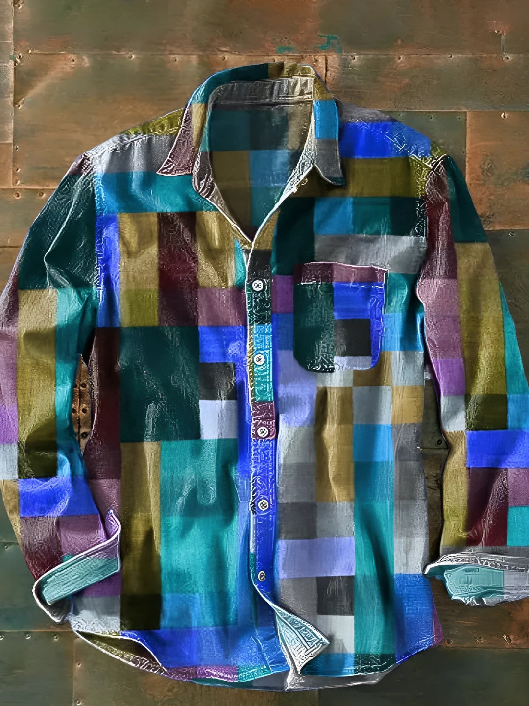 Chemise Homme à Manches Longues Patchwork Décontractée avec Poche 4