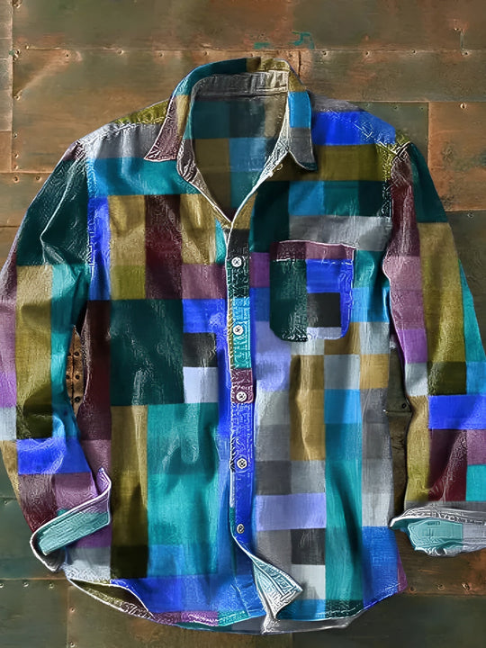 Chemise Homme à Manches Longues Patchwork Décontractée avec Poche 4
