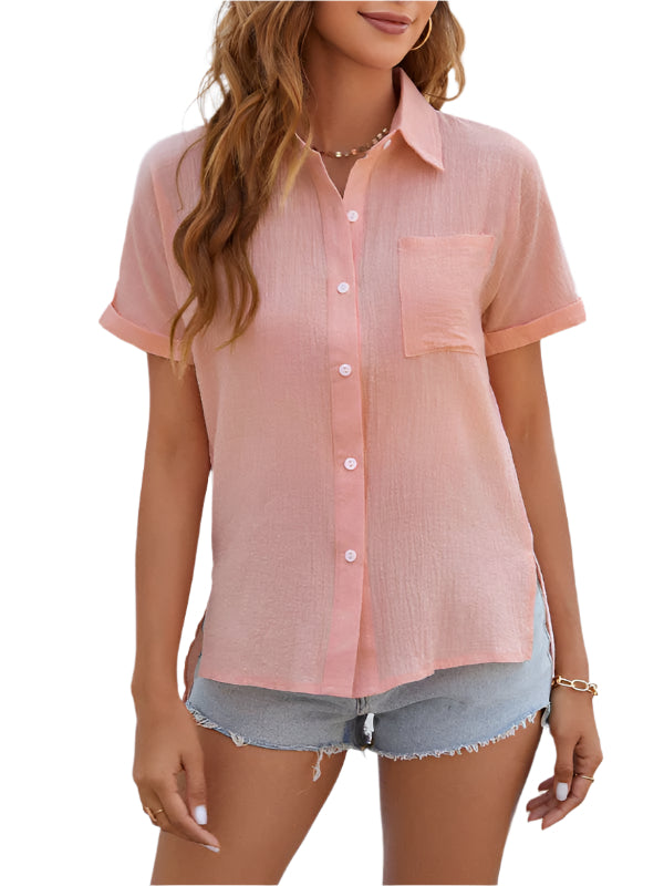 Chemise à Manches Courtes en Coton et Lin avec Poches pour Femme 0