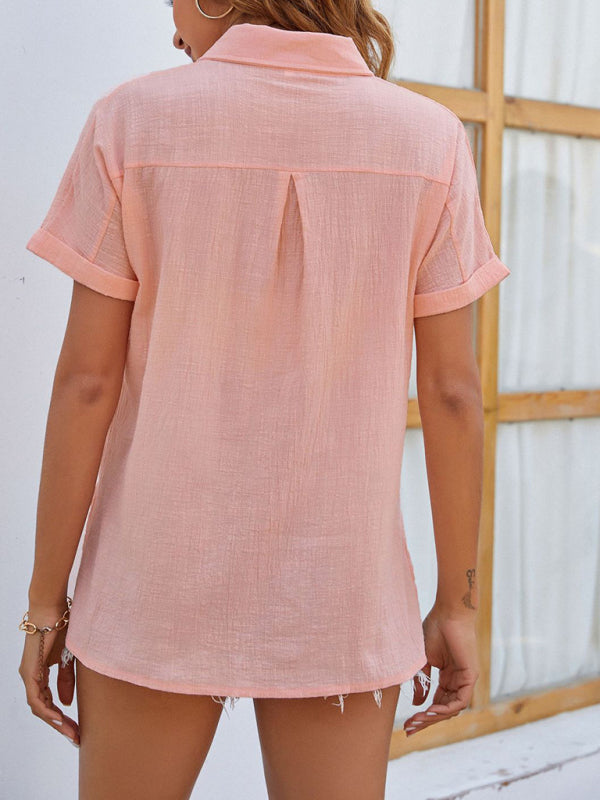 Chemise à Manches Courtes en Coton et Lin avec Poches pour Femme 1