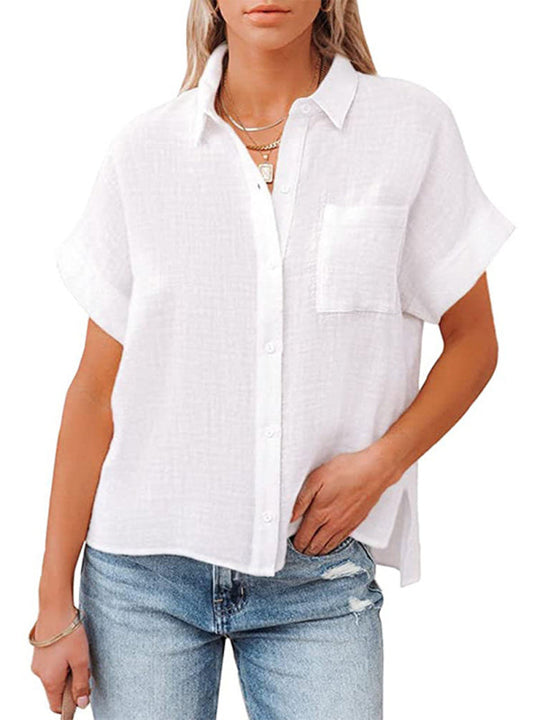 Chemise à Manches Courtes en Coton et Lin avec Poches pour Femme 6