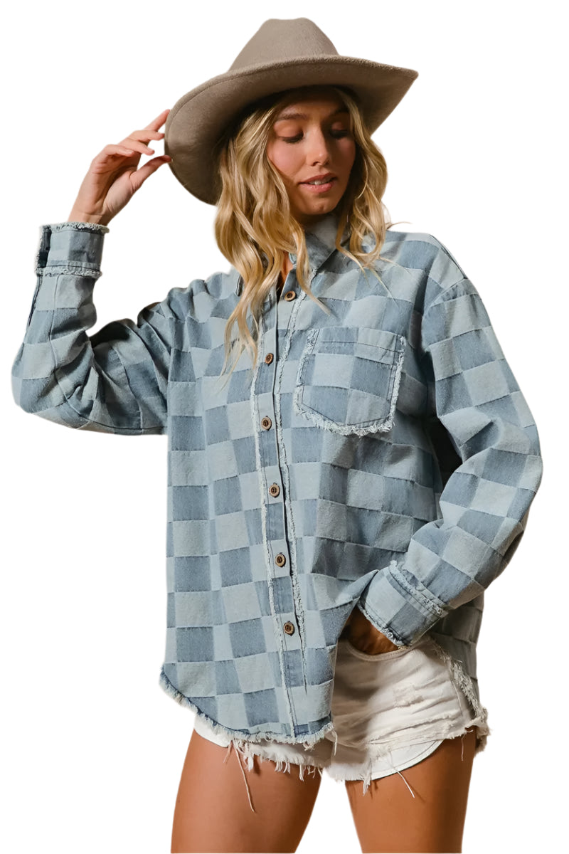 Chemise en Denim à Carreaux pour Femme avec Détails Effilochés 0