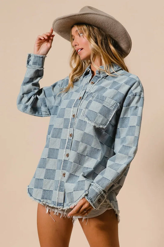Chemise en Denim à Carreaux pour Femme avec Détails Effilochés 6