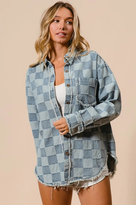 Chemise en Denim à Carreaux pour Femme avec Détails Effilochés 7