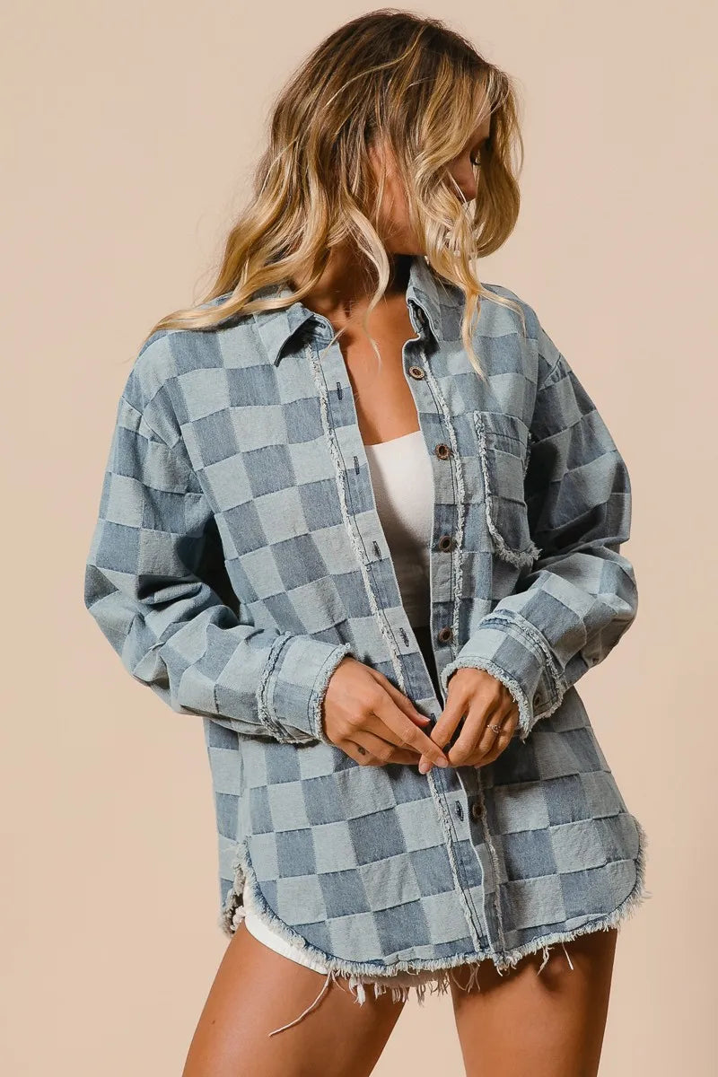 Chemise en Denim à Carreaux pour Femme avec Détails Effilochés 8