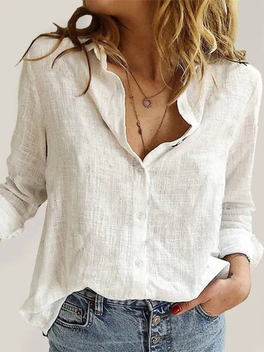 Chemise en Lin à Manches Longues pour Femmes, Couleur Unie, Style Décontracté 0