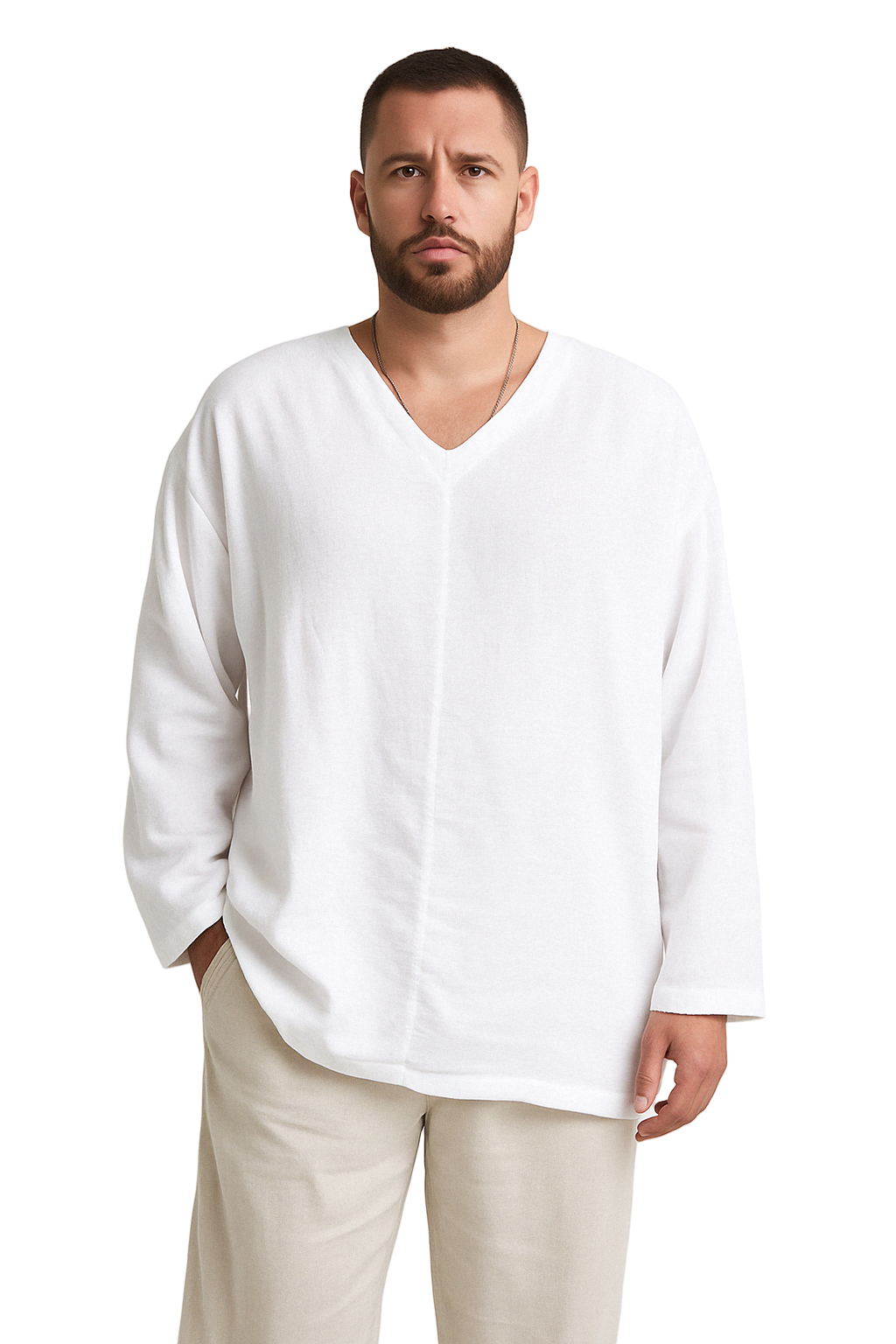 Chemise en Lin pour Homme Coupe Décontractée Col V Manches Longues 0