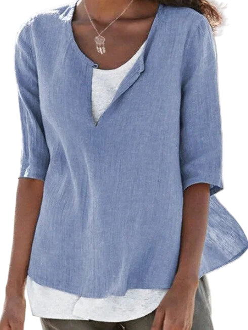Chemisier Femme Confortable en Coton avec V-Ausschnitt et Manches 3/4 0