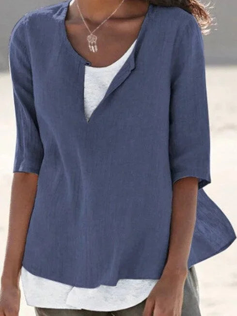 Chemisier Femme Confortable en Coton avec V-Ausschnitt et Manches 3/4 1
