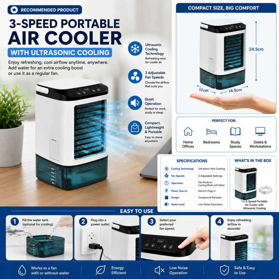 Climatiseur Mobile Silencieux à 3 Vitesses Ultrasonique Compact 1
