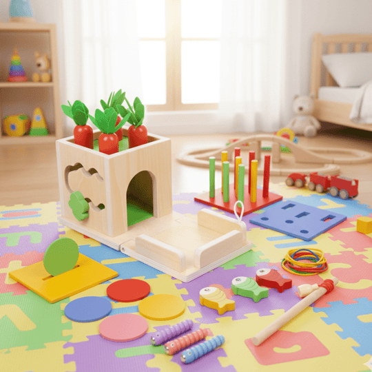 Coffre à Jouets Montessori pour Bébés avec 8 Activités Éducatives 0