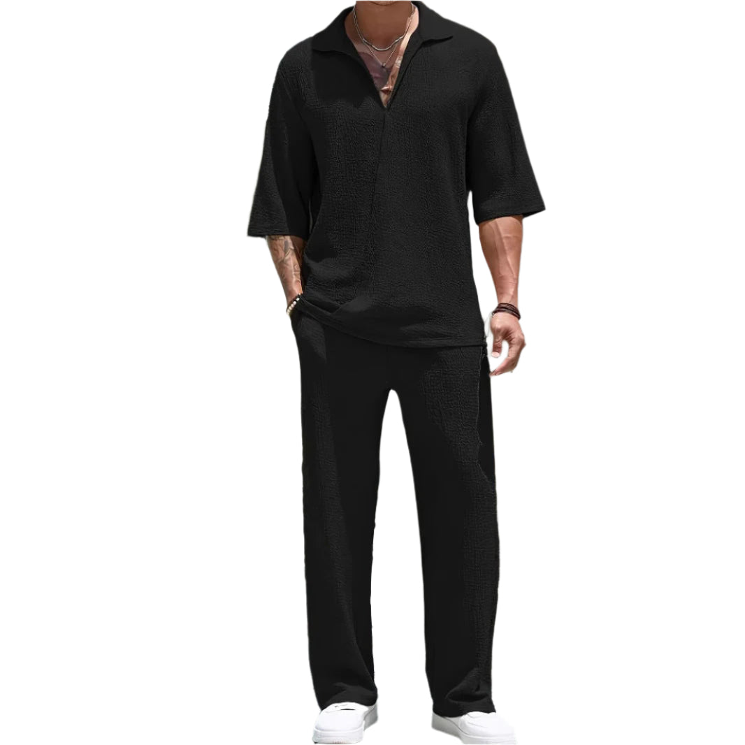 Ensemble Décontracté pour Hommes - Tissu Léger Texturé - Coupe Détendue - Chemise à Demi-Zip et Pantalon 0