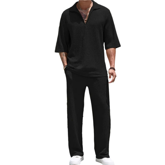Ensemble Décontracté pour Hommes - Tissu Léger Texturé - Coupe Détendue - Chemise à Demi-Zip et Pantalon 0