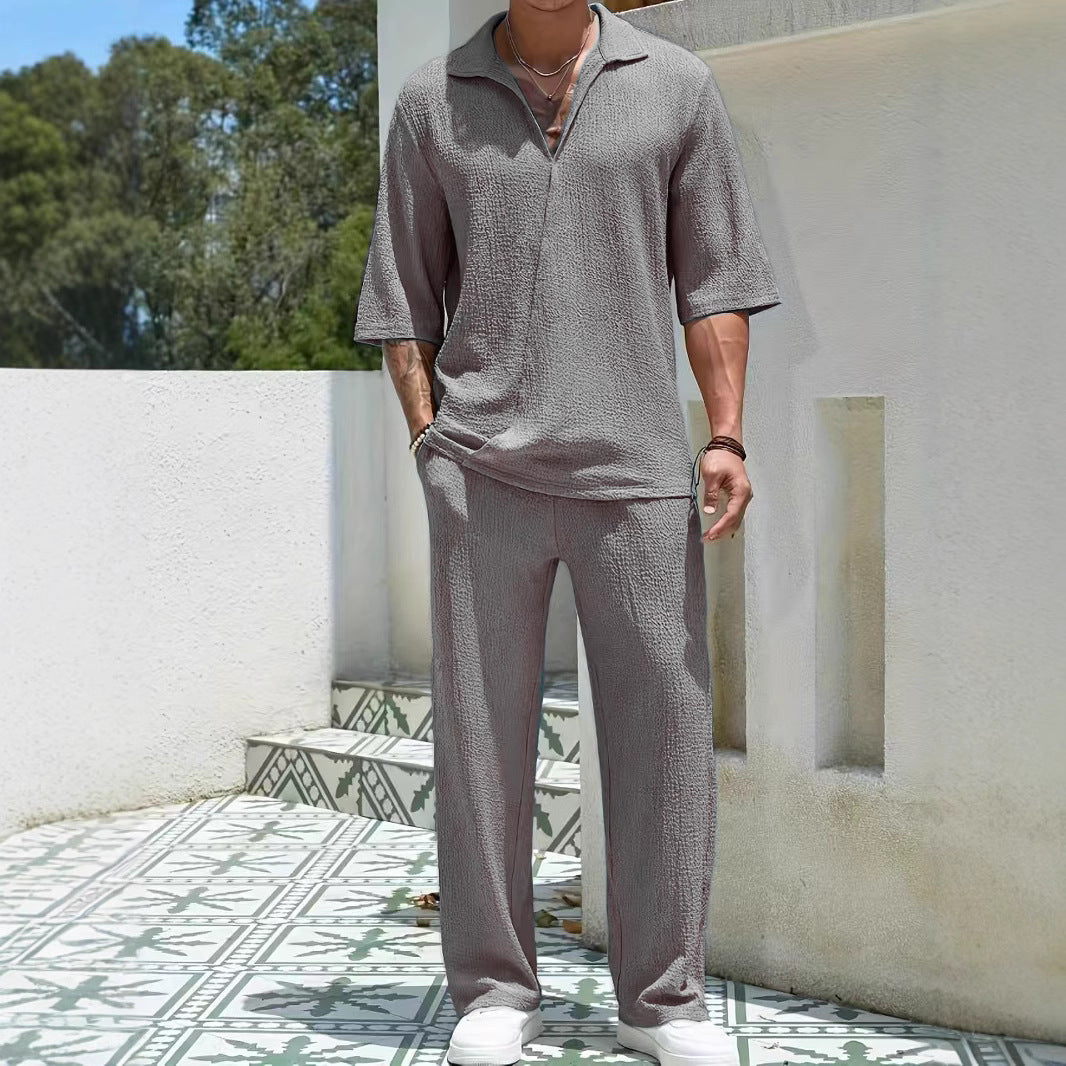 Ensemble Décontracté pour Hommes - Tissu Léger Texturé - Coupe Détendue - Chemise à Demi-Zip et Pantalon 1