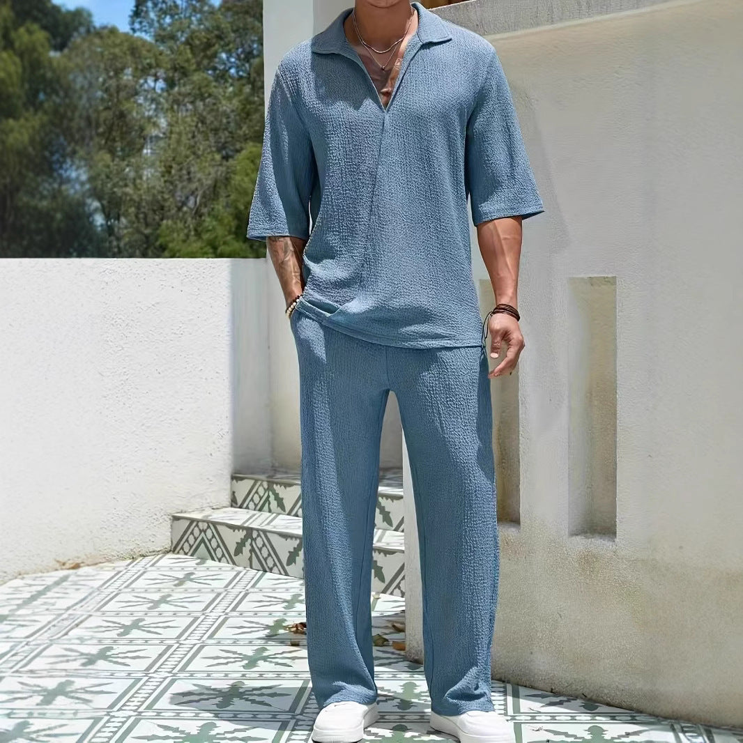 Ensemble Décontracté pour Hommes - Tissu Léger Texturé - Coupe Détendue - Chemise à Demi-Zip et Pantalon 2