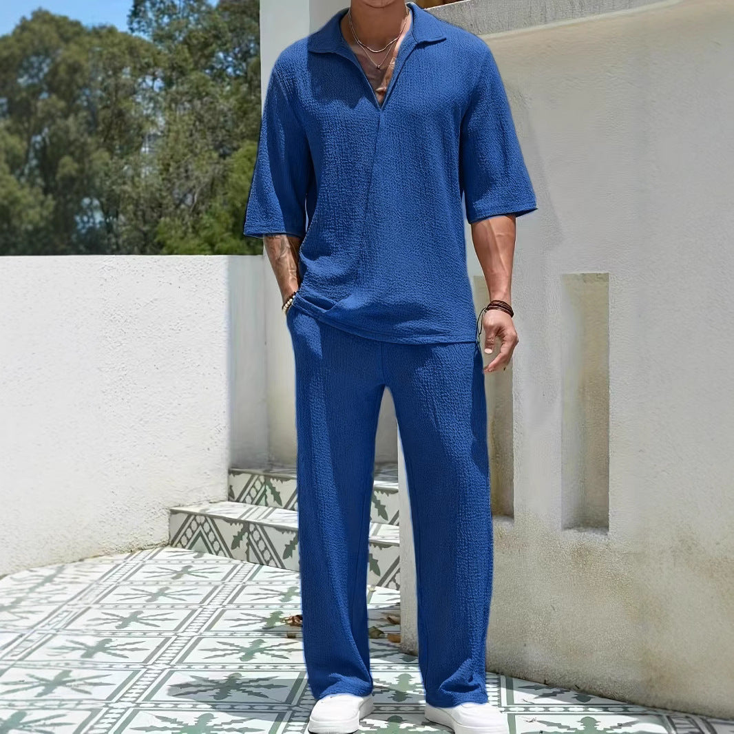 Ensemble Décontracté pour Hommes - Tissu Léger Texturé - Coupe Détendue - Chemise à Demi-Zip et Pantalon 5
