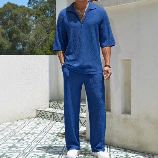 Ensemble Décontracté pour Hommes - Tissu Léger Texturé - Coupe Détendue - Chemise à Demi-Zip et Pantalon 5