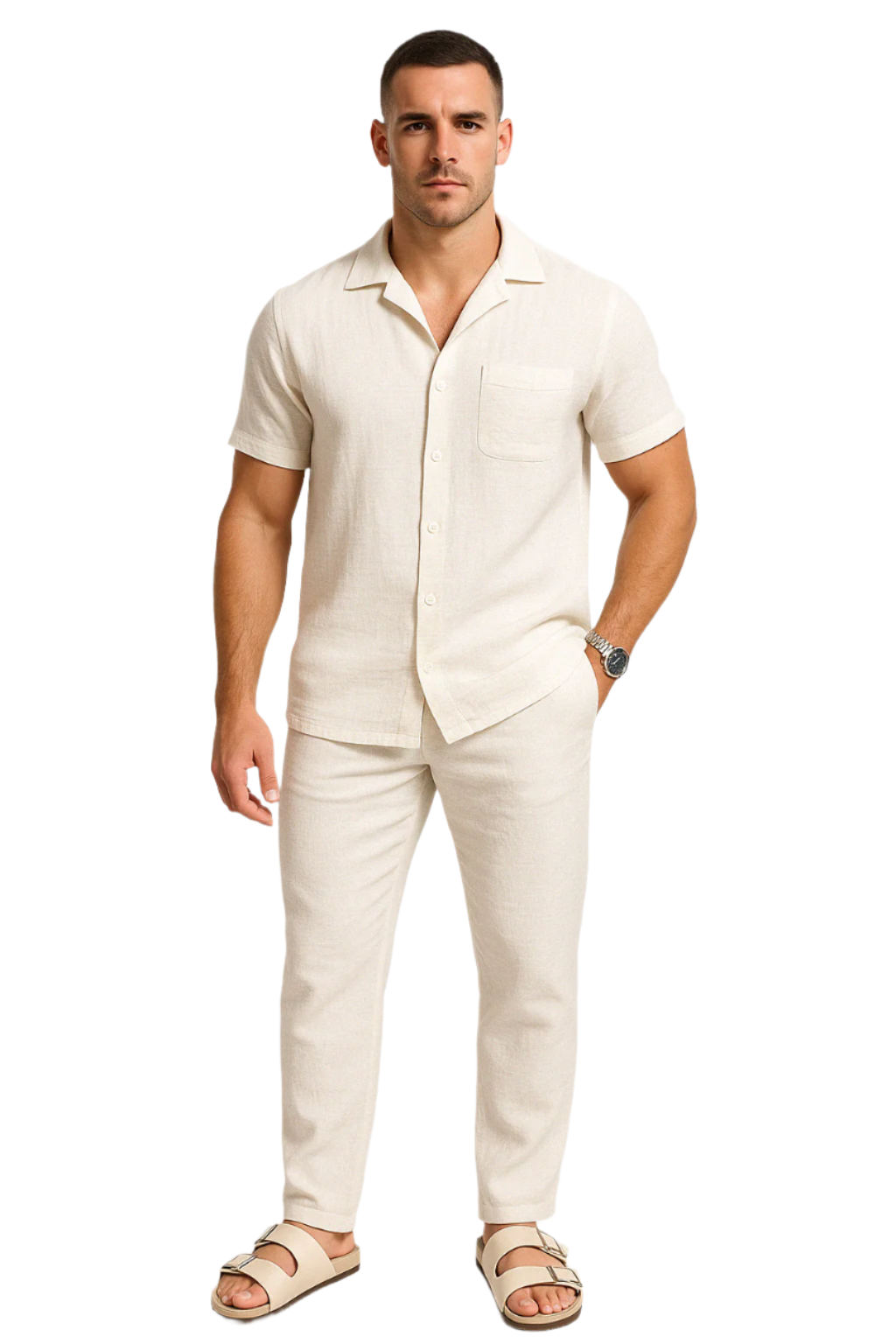 Ensemble Été Homme Chemise Manches Courtes et Pantalon Coton Léger 0