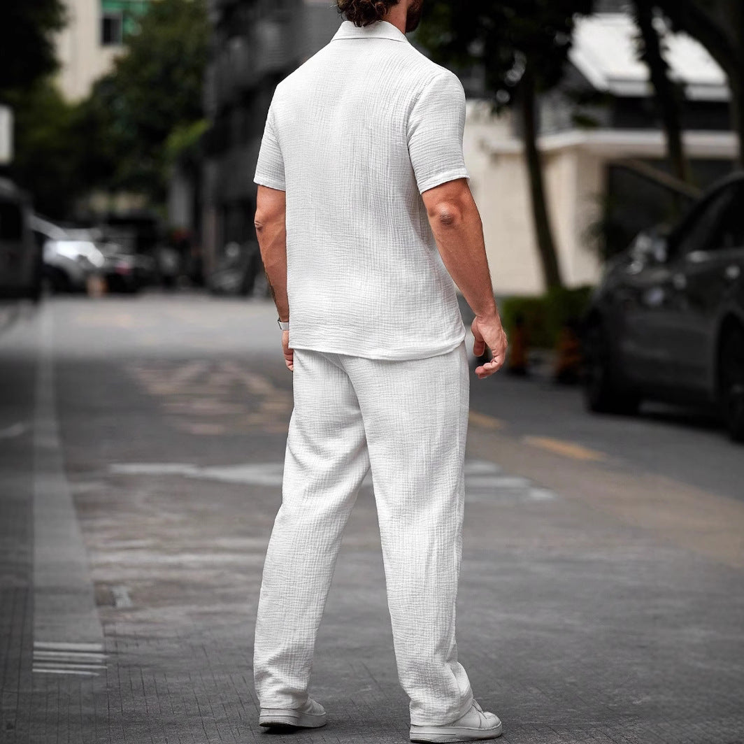 Ensemble Été Homme Chemise Manches Courtes et Pantalon Coton Léger 2