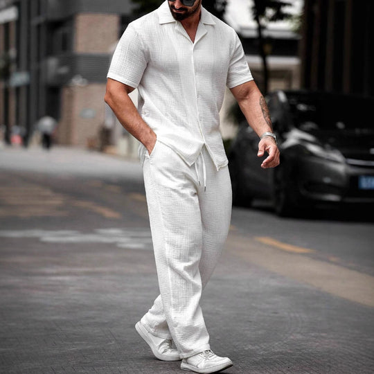 Ensemble Été Homme Chemise Manches Courtes et Pantalon Coton Léger 3