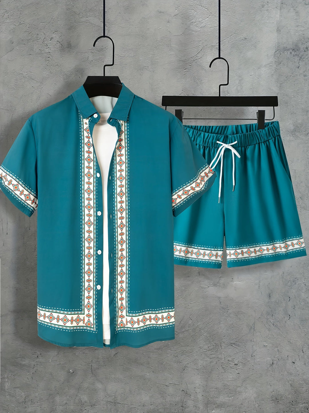 Ensemble Été Homme Décontracté Bohème Chemise Manches Courtes et Short 4