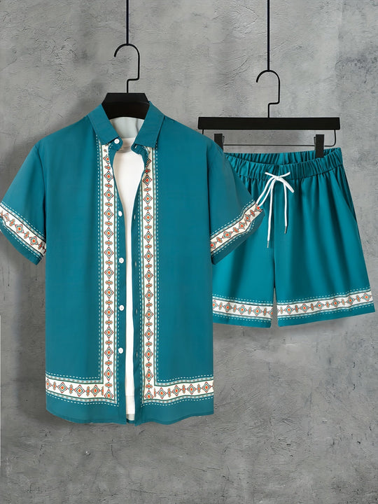 Ensemble Été Homme Décontracté Bohème Chemise Manches Courtes et Short 4