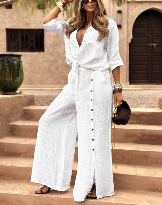 Ensemble Femme 2 Pièces Lin Détente Haut Boutonné Pantalon Large 1