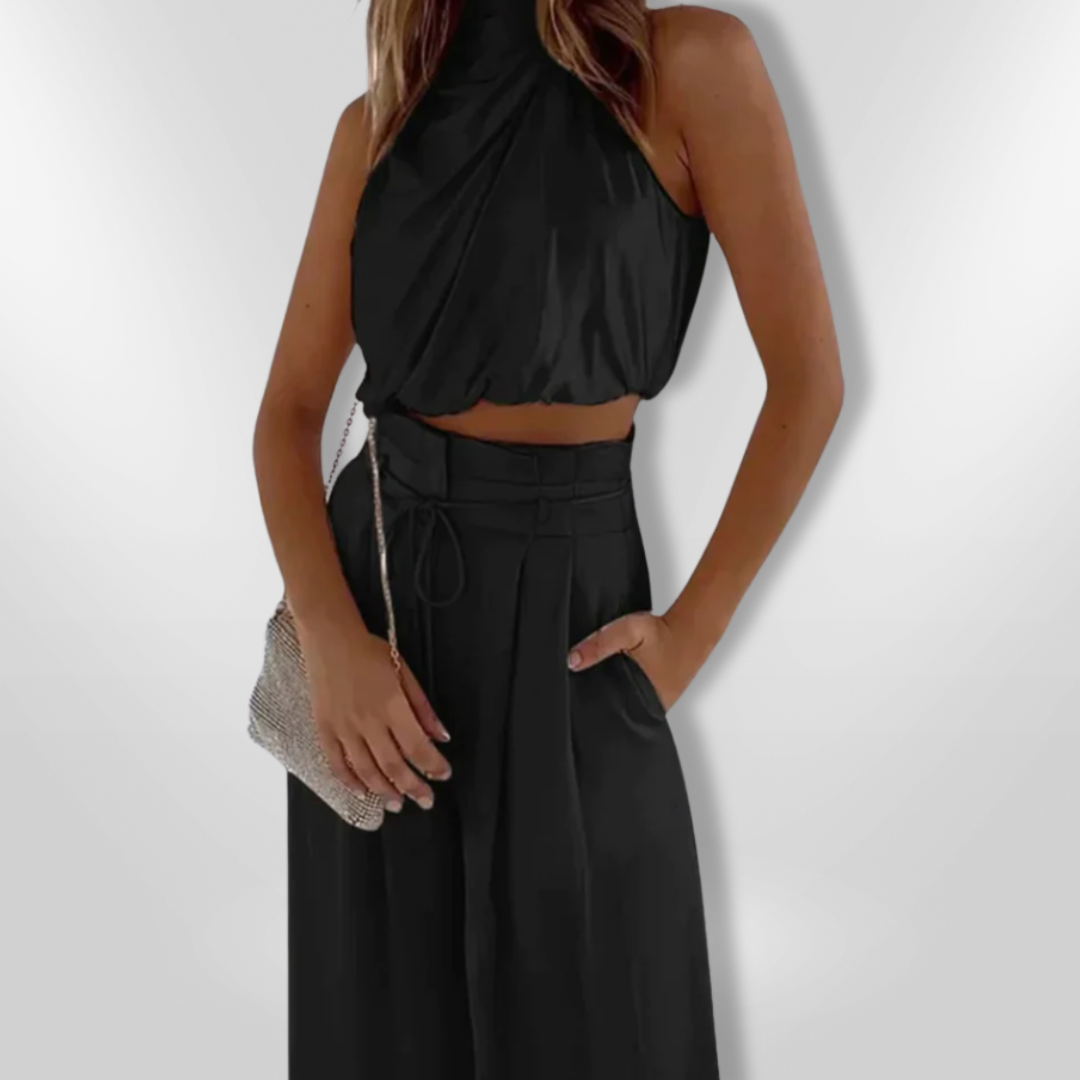 Ensemble Femme Élégant Deux-Pièces Tailleur Pantalon Large en Mélange de Tissus Doux 0