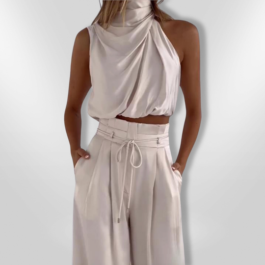 Ensemble Femme Élégant Deux-Pièces Tailleur Pantalon Large en Mélange de Tissus Doux 3