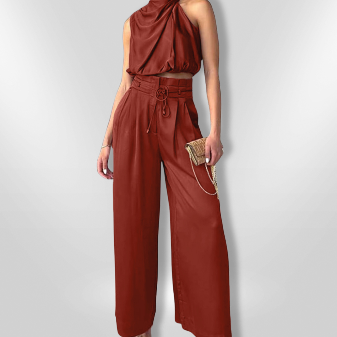 Ensemble Femme Élégant Deux-Pièces Tailleur Pantalon Large en Mélange de Tissus Doux 4