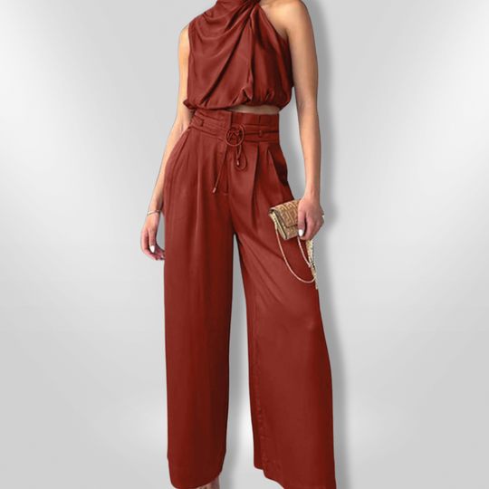 Ensemble Femme Élégant Deux-Pièces Tailleur Pantalon Large en Mélange de Tissus Doux 4
