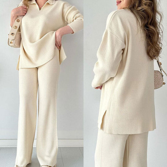 Ensemble Femme Tailleur Pantalon Chic avec Haut en V et Pantalon Large 0