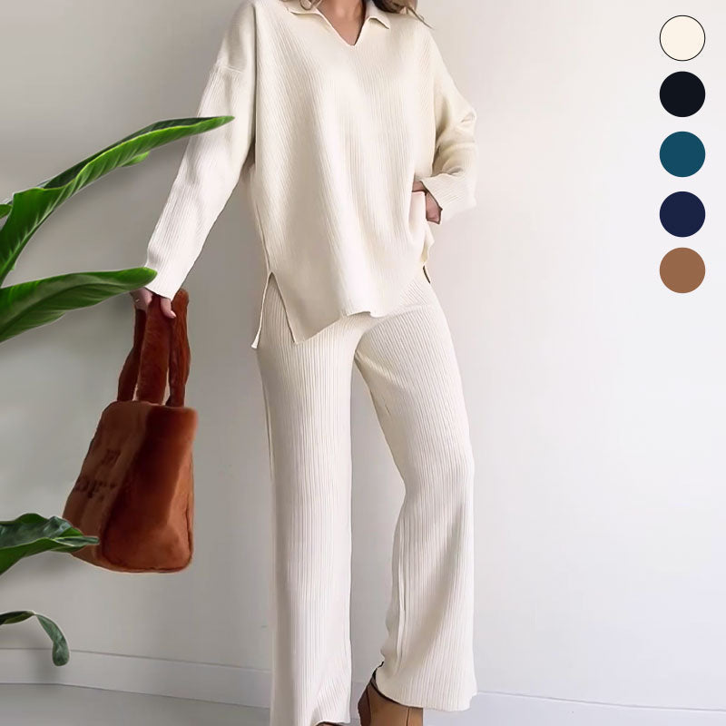 Ensemble Femme Tailleur Pantalon Chic avec Haut en V et Pantalon Large 3