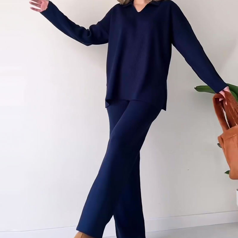 Ensemble Femme Tailleur Pantalon Chic avec Haut en V et Pantalon Large 4