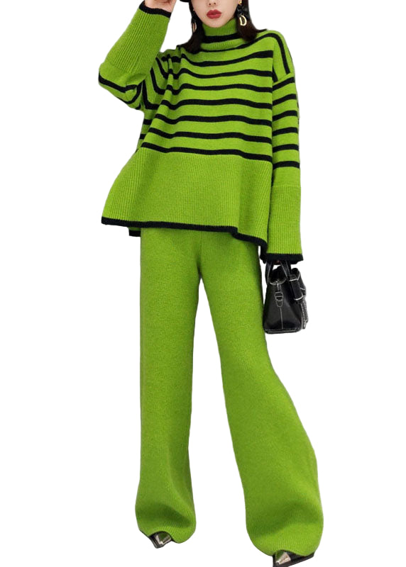 Ensemble Femme Tricot Col Roulé et Pantalon Large Rayé 0