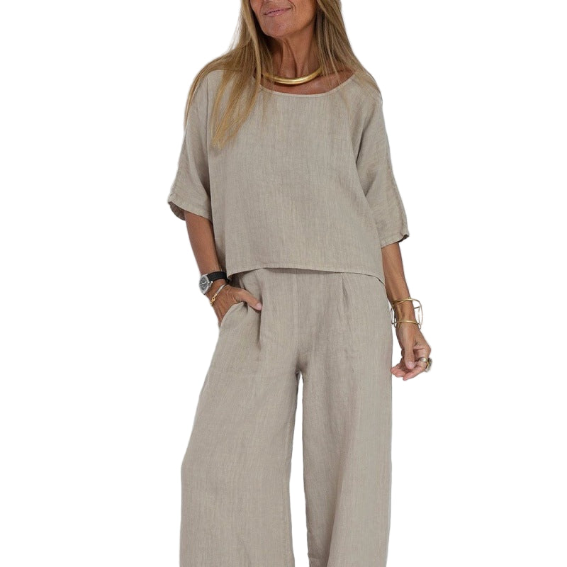 Ensemble Femme en Lin Mélangé à Manches Courtes et Pantalon Large 0
