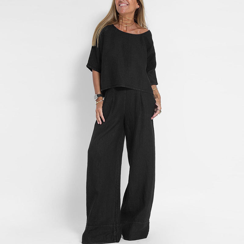 Ensemble Femme en Lin Mélangé à Manches Courtes et Pantalon Large 1
