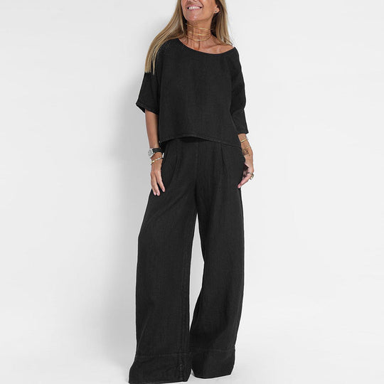 Ensemble Femme en Lin Mélangé à Manches Courtes et Pantalon Large 1