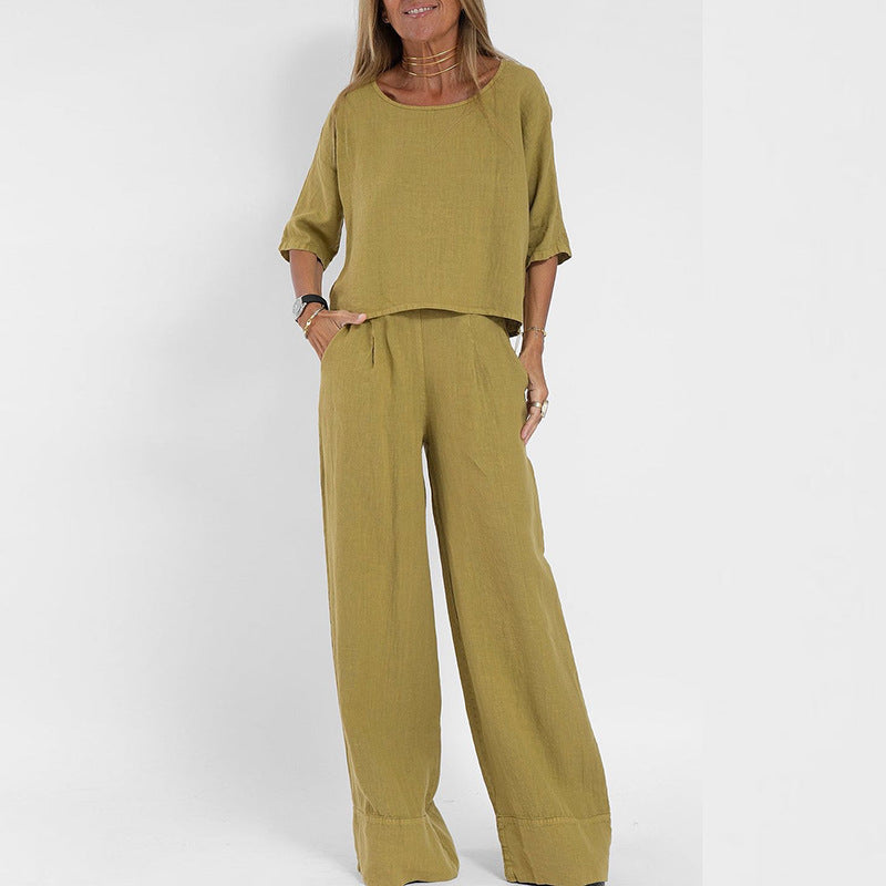 Ensemble Femme en Lin Mélangé à Manches Courtes et Pantalon Large 2